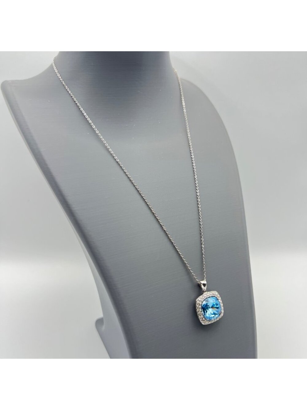 Sterling Silver Pendant Necklace 925 Sky Blue Cushion Halo CZ  18" 7.06g